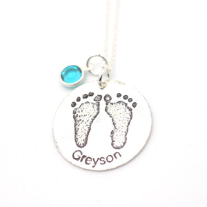 Etched footprint necklace with gemstone