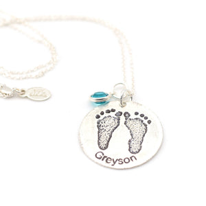 Etched footpring necklace with gemstone