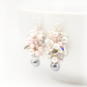 Pearl Cluster Drop Earrings Pink & Grey