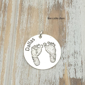 Etched foot print necklace