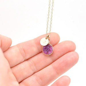 magenta druzy personalized gold necklace