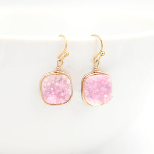 Pink Druzy Earrings Square & Gold