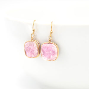 Pink Druzy Earrings Square & Gold