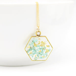 Hexagon Necklace with Crushed Turquoise and Gold Leaf