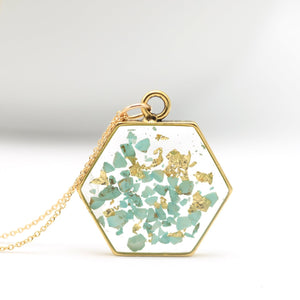 Hexagon pendant with Crushed Turquoise and Gold Leaf