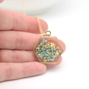 Hexagon Necklace with Crushed Turquoise and Gold Leaf in hand