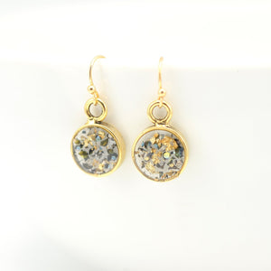 gold round earrings with crushed abalone shell