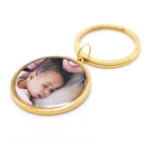 Round Photo Key Chain with Hand Stamped Message on Back