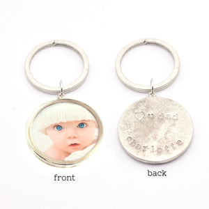 Round Photo Key Chain with Hand Stamped Message on Back
