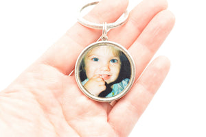 Round Photo Key Chain with Hand Stamped Message on Back