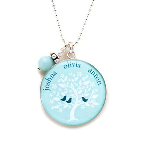 Aquamarine family tree necklace with cobalt birds