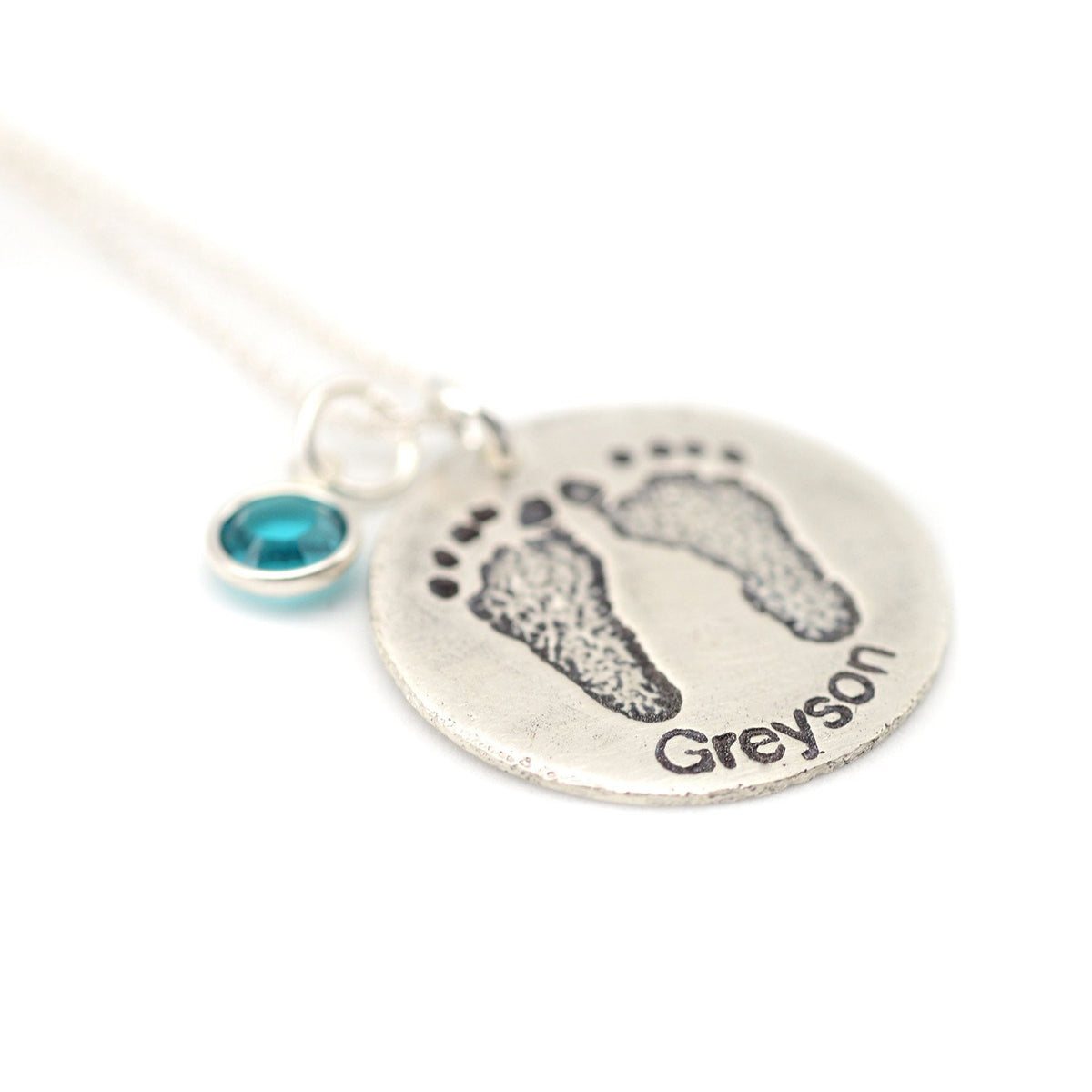 Etched footprint necklace with gemstone