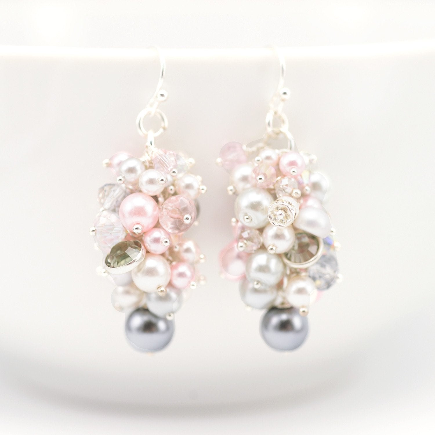 Pearl Cluster Drop Earrings Pink & Grey