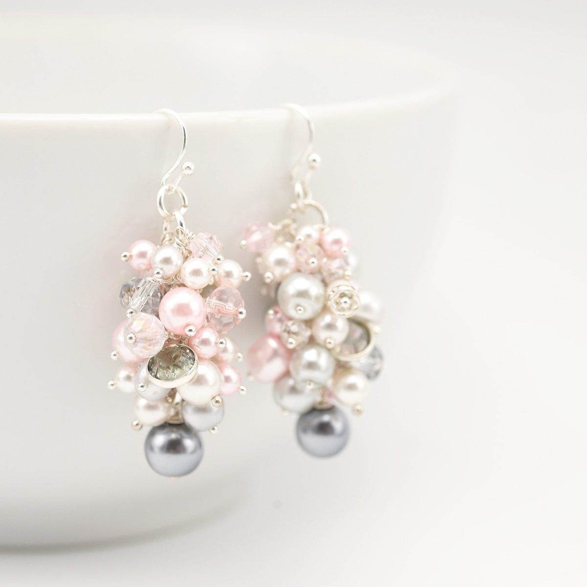 Pearl Cluster Drop Earrings Pink & Grey