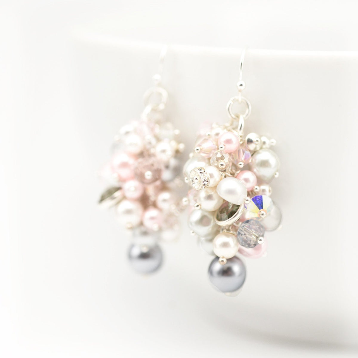 Pearl Cluster Drop Earrings Pink & Grey