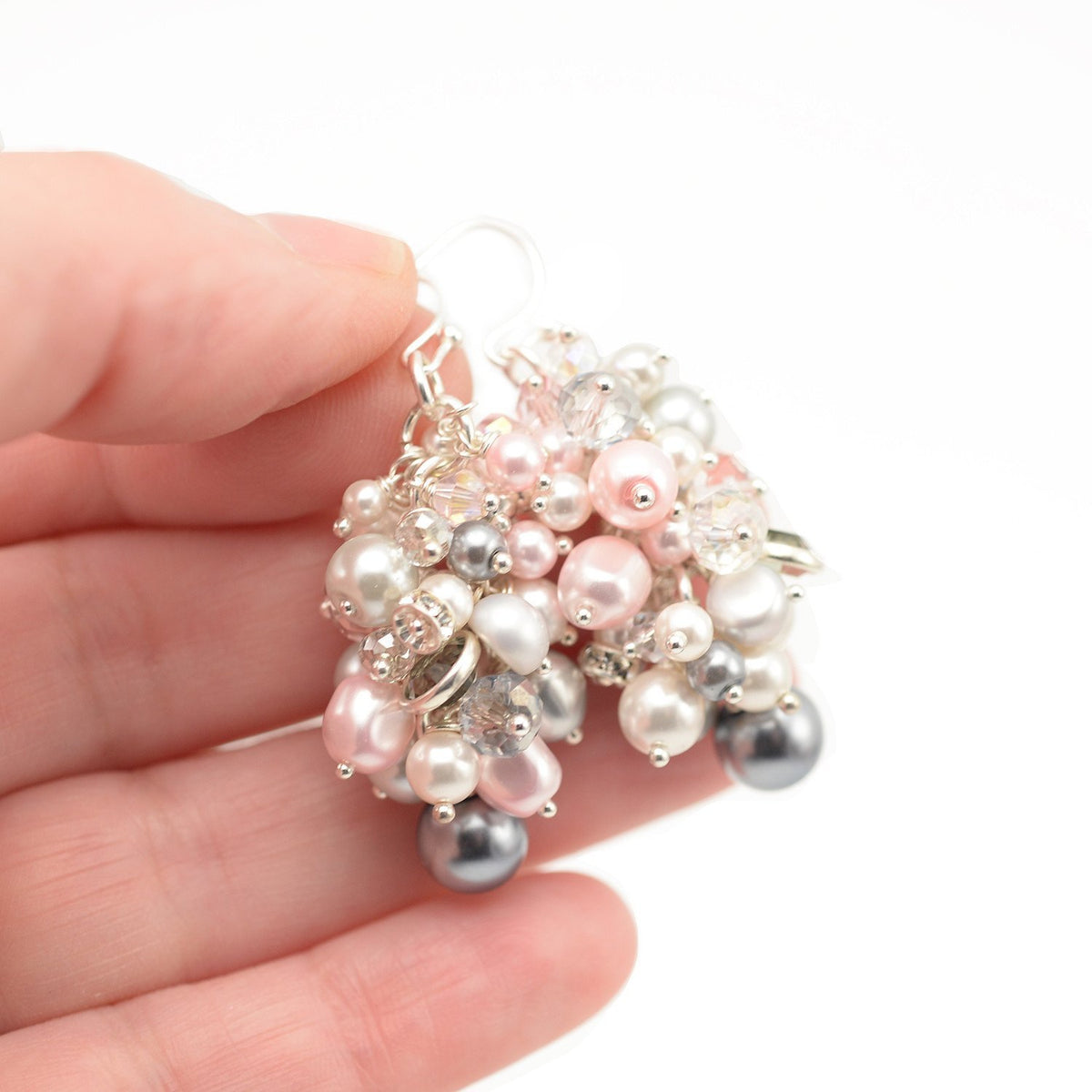 Pearl Cluster Drop Earrings Pink & Grey