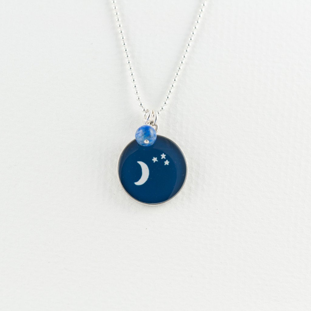 Moon and star necklace with gemstone