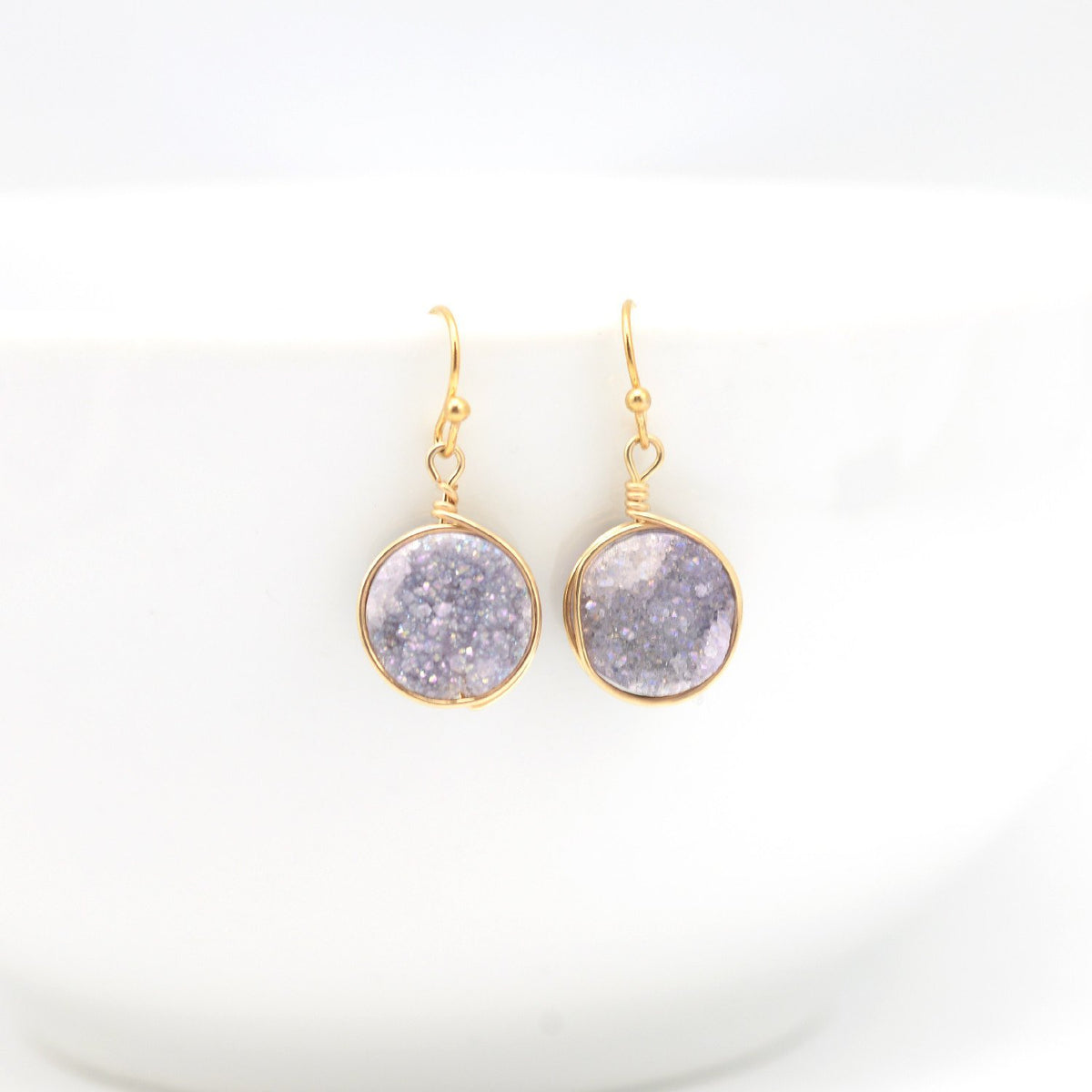 violet druzy drop gold earrings