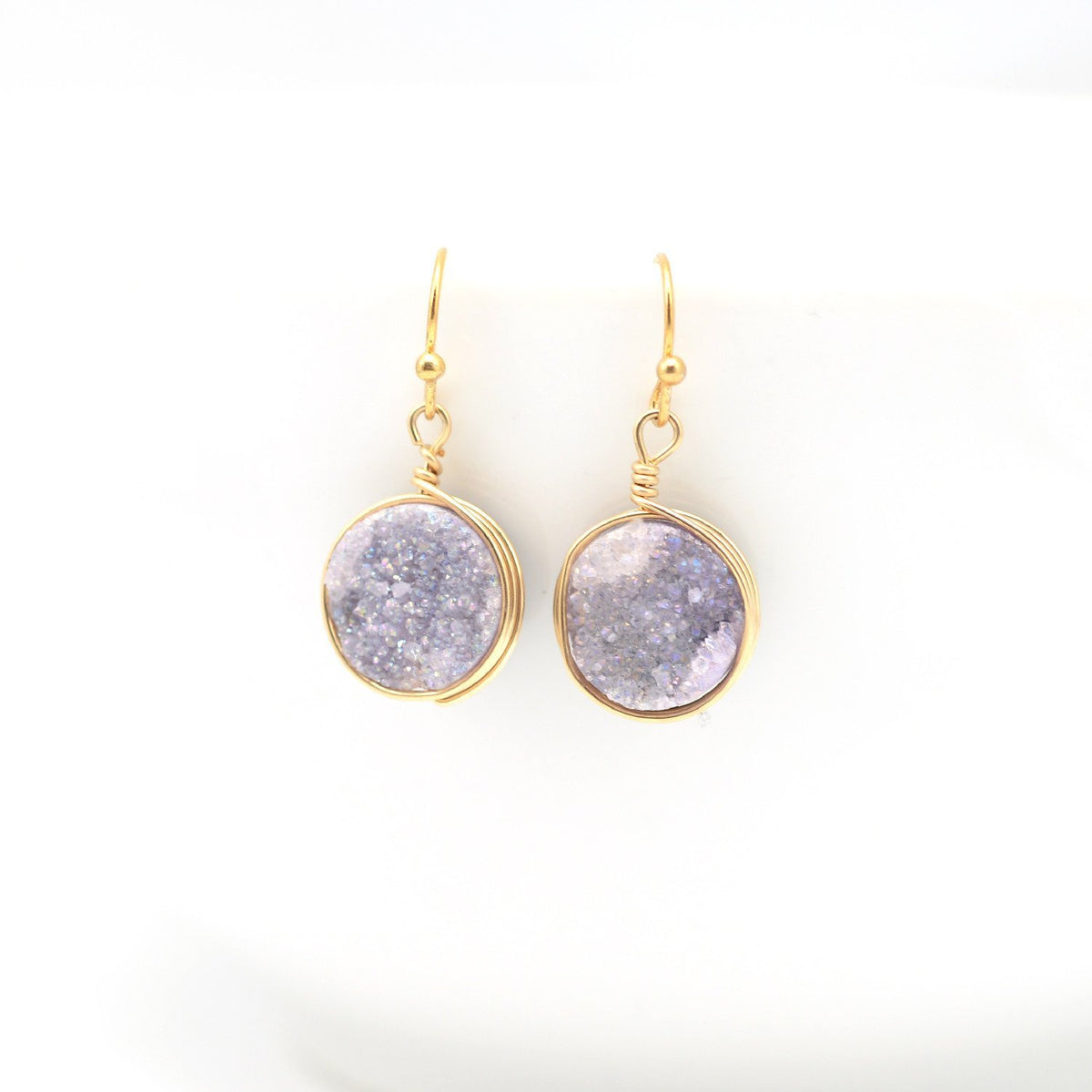 violet druzy drop gold earrings