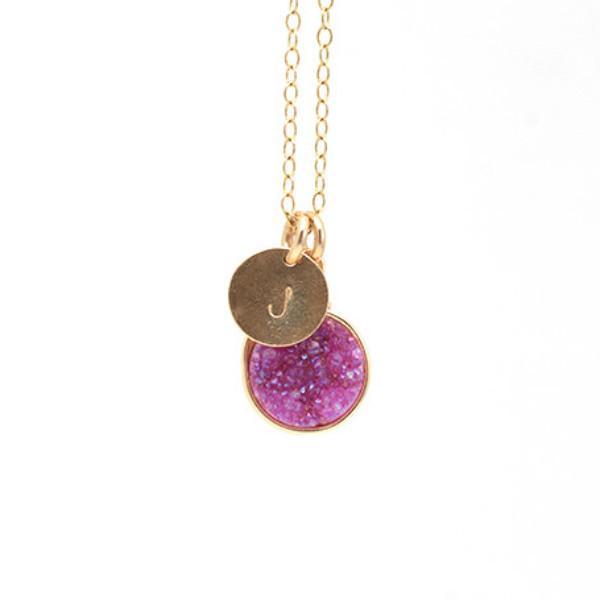 magenta druzy personalized gold necklace