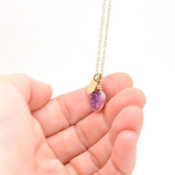 magenta druzy personalized gold necklace