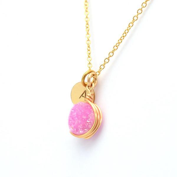 Pink Druzy Personalized Necklace