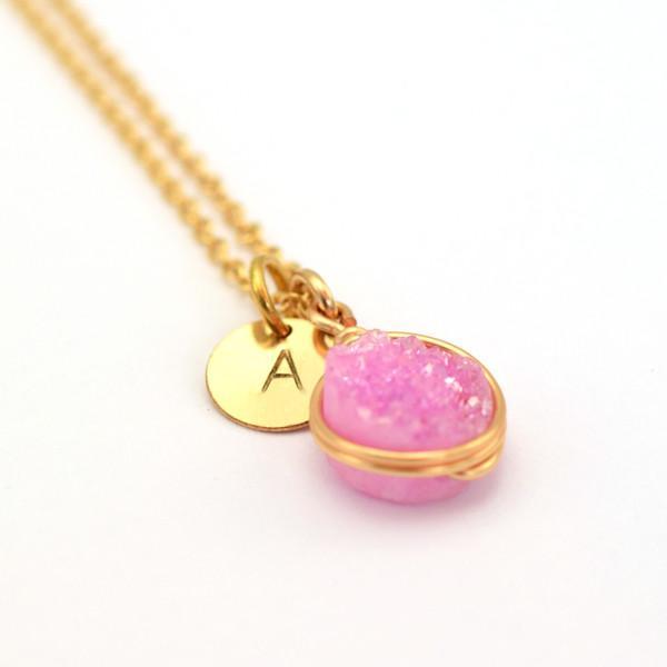 Pink Druzy Personalized Necklace