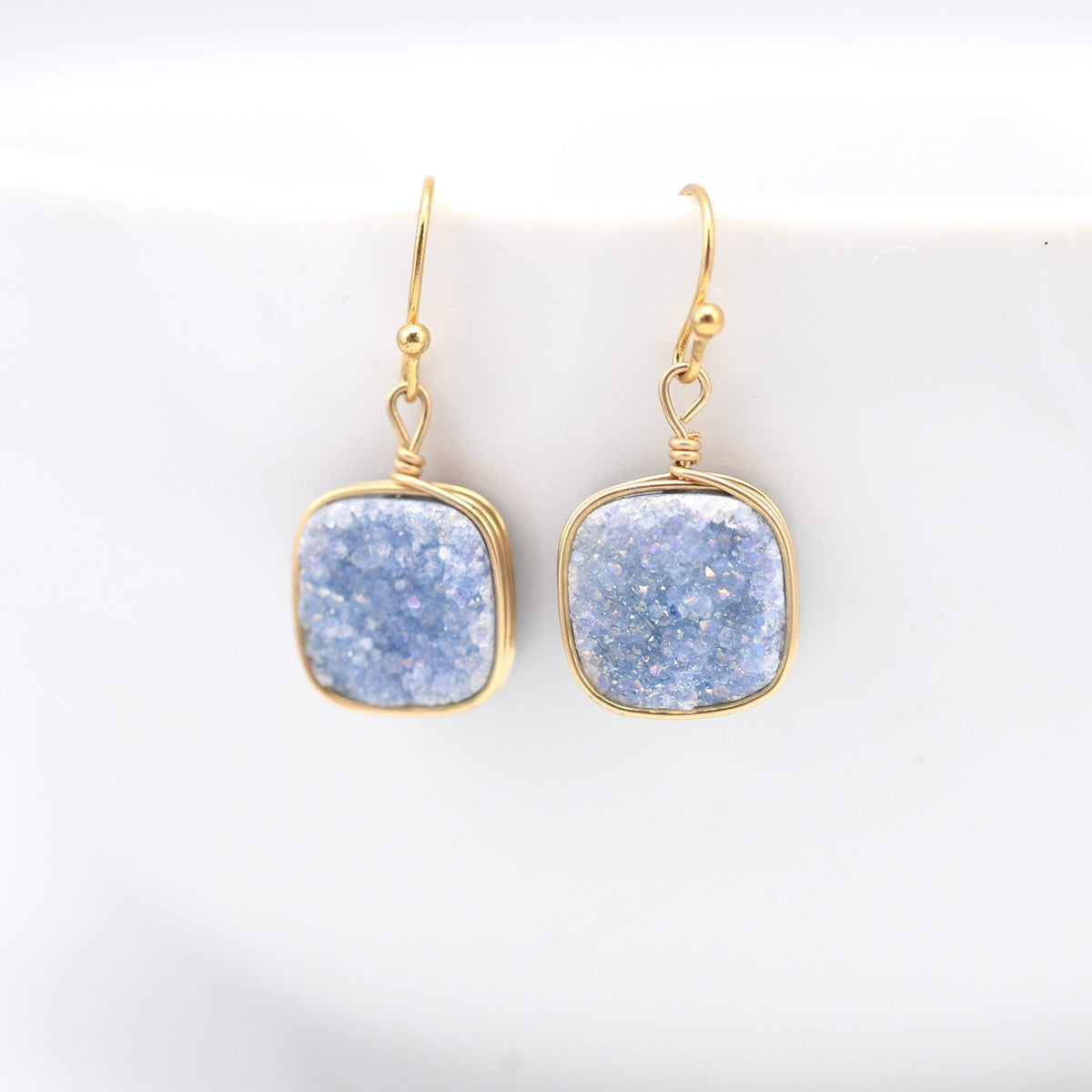 Slate blue druzy gold earrings