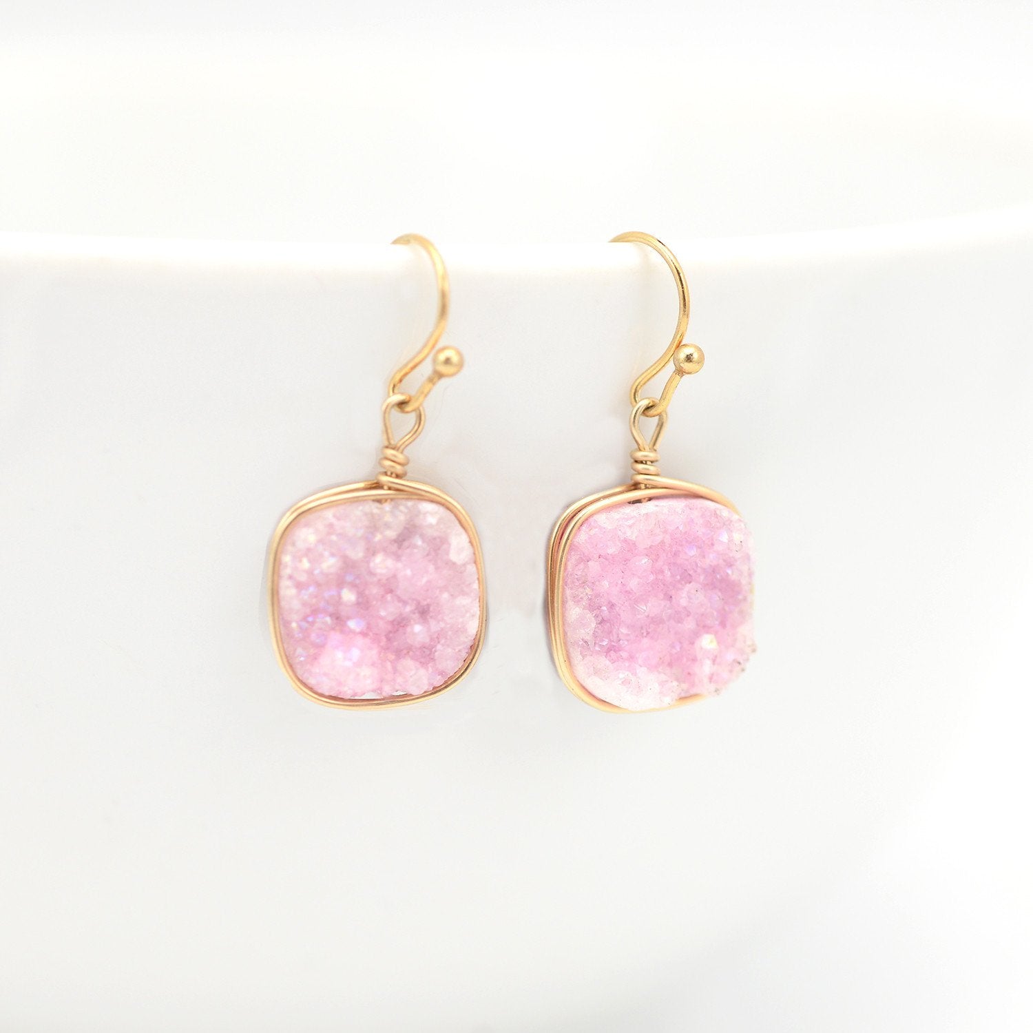 Pink Druzy Earrings Square & Gold