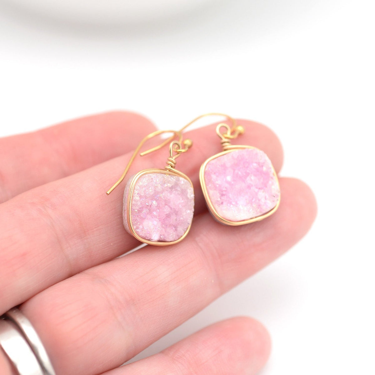 Pink Druzy Earrings Square & Gold