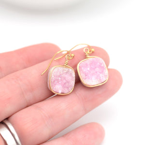 Pink Druzy Earrings Square & Gold