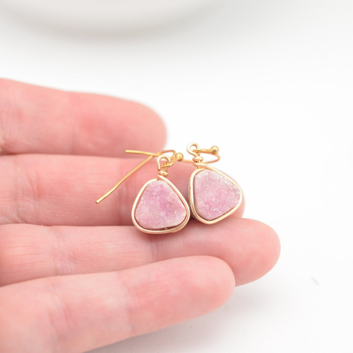 Pink Druzy Trillion Earrings