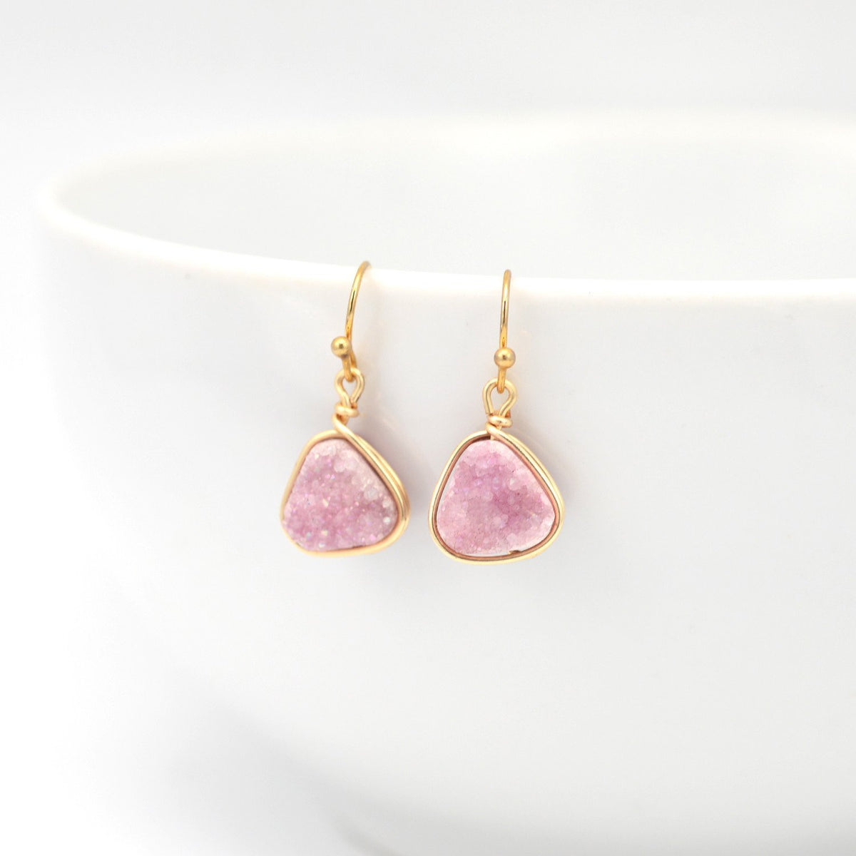 Pink Druzy Trillion Earrings