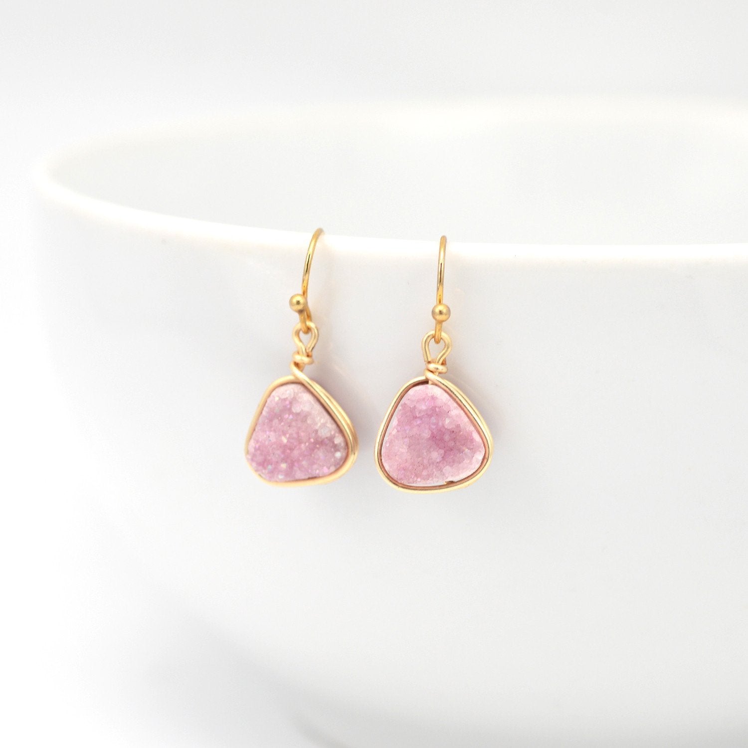 Pink Druzy Trillion Earrings