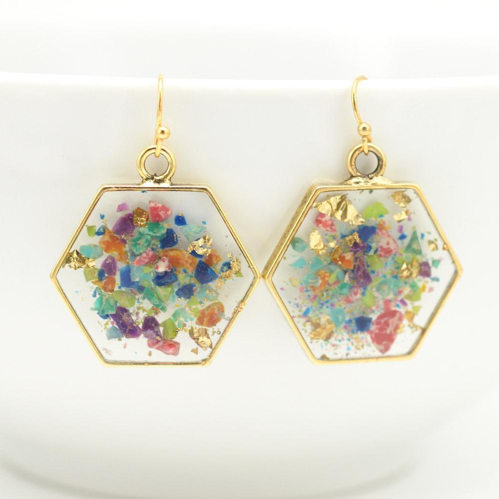Crushed Gemstone Hexagon Earrings