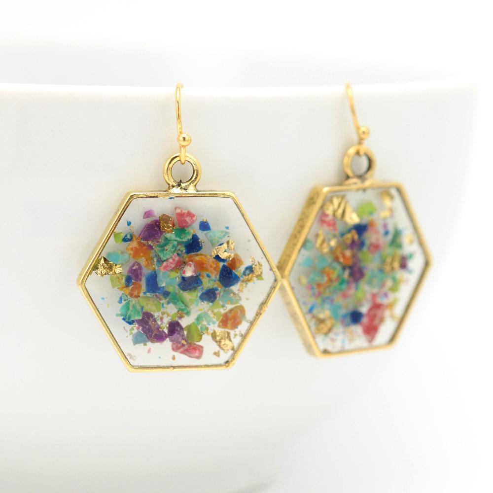 Crushed Gemstone Hexagon Earrings