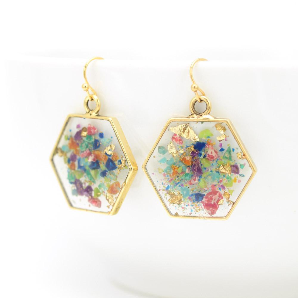 Crushed Gemstone Hexagon Earrings