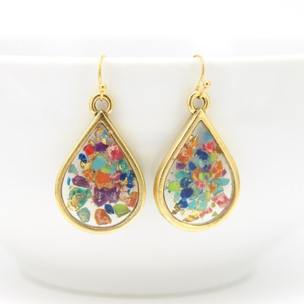 Crushed Gemstone Teardrop Earrings in gold