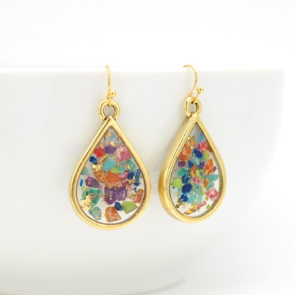 Crushed Gemstone Teardrop Earrings in gold