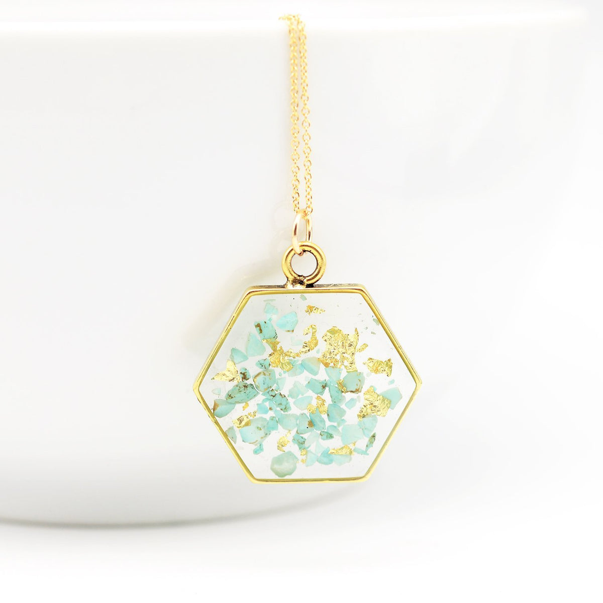 Hexagon Necklace with Crushed Turquoise and Gold Leaf