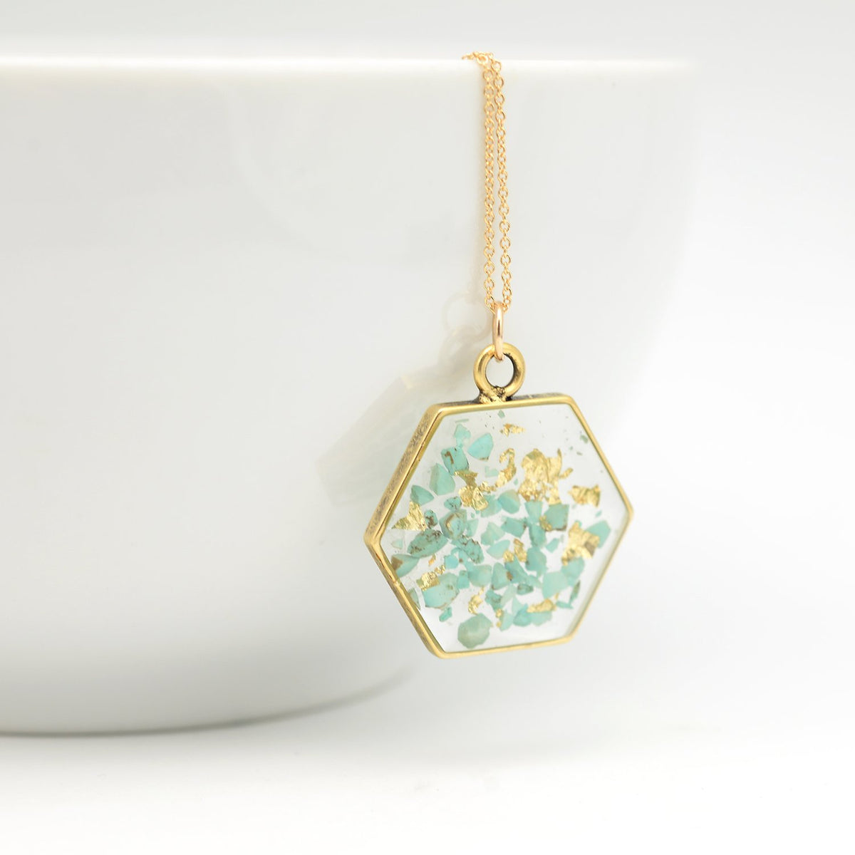 Hexagon Necklace with Crushed Turquoise and Gold Leaf