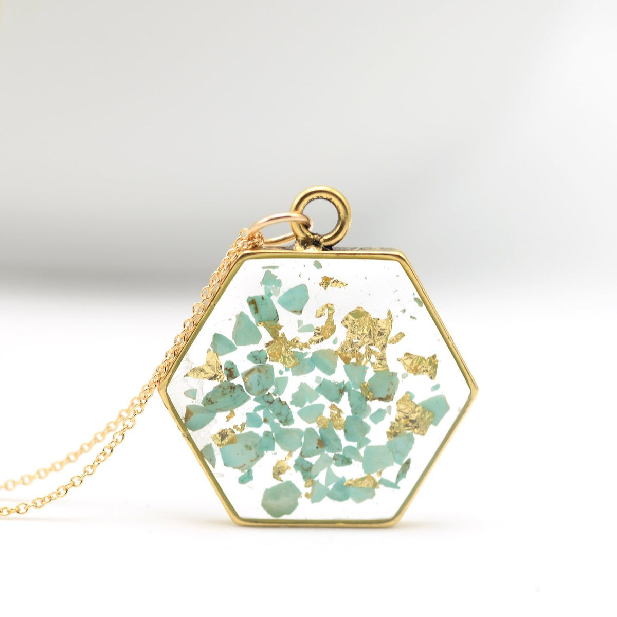 Hexagon pendant with Crushed Turquoise and Gold Leaf