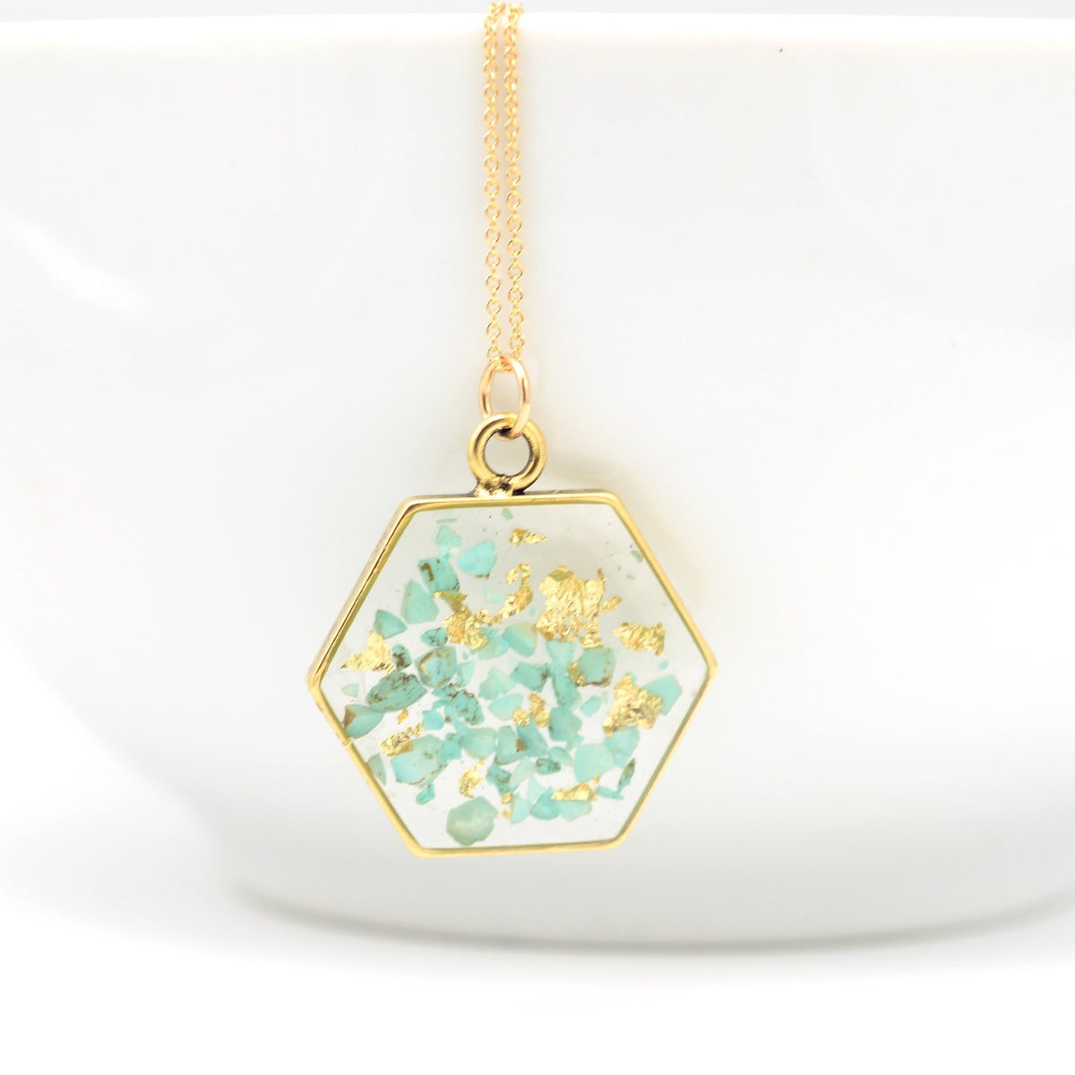 Hexagon Necklace with Crushed Turquoise and Gold Leaf