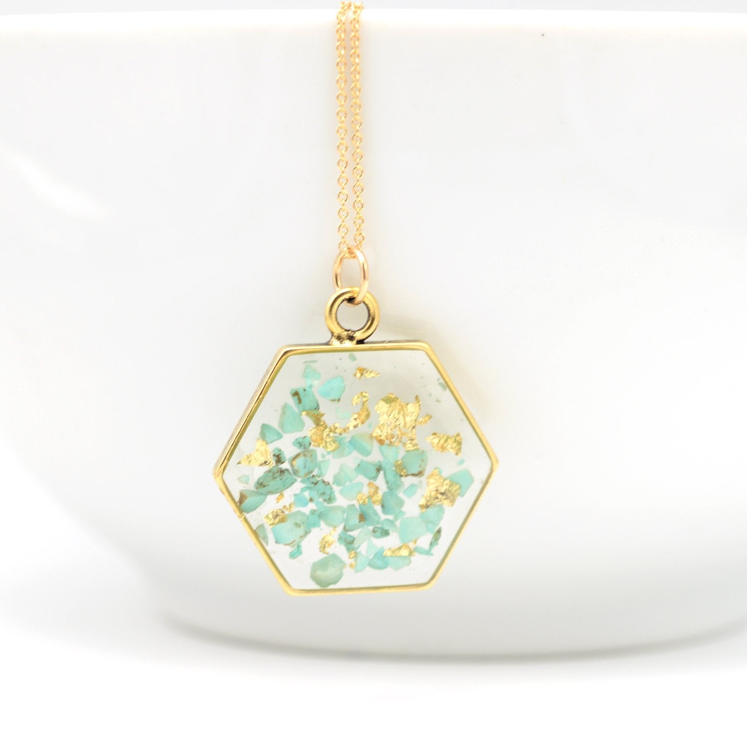 Hexagon Necklace with Crushed Turquoise and Gold Leaf