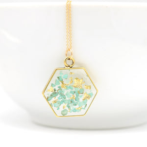 Hexagon Necklace with Crushed Turquoise and Gold Leaf