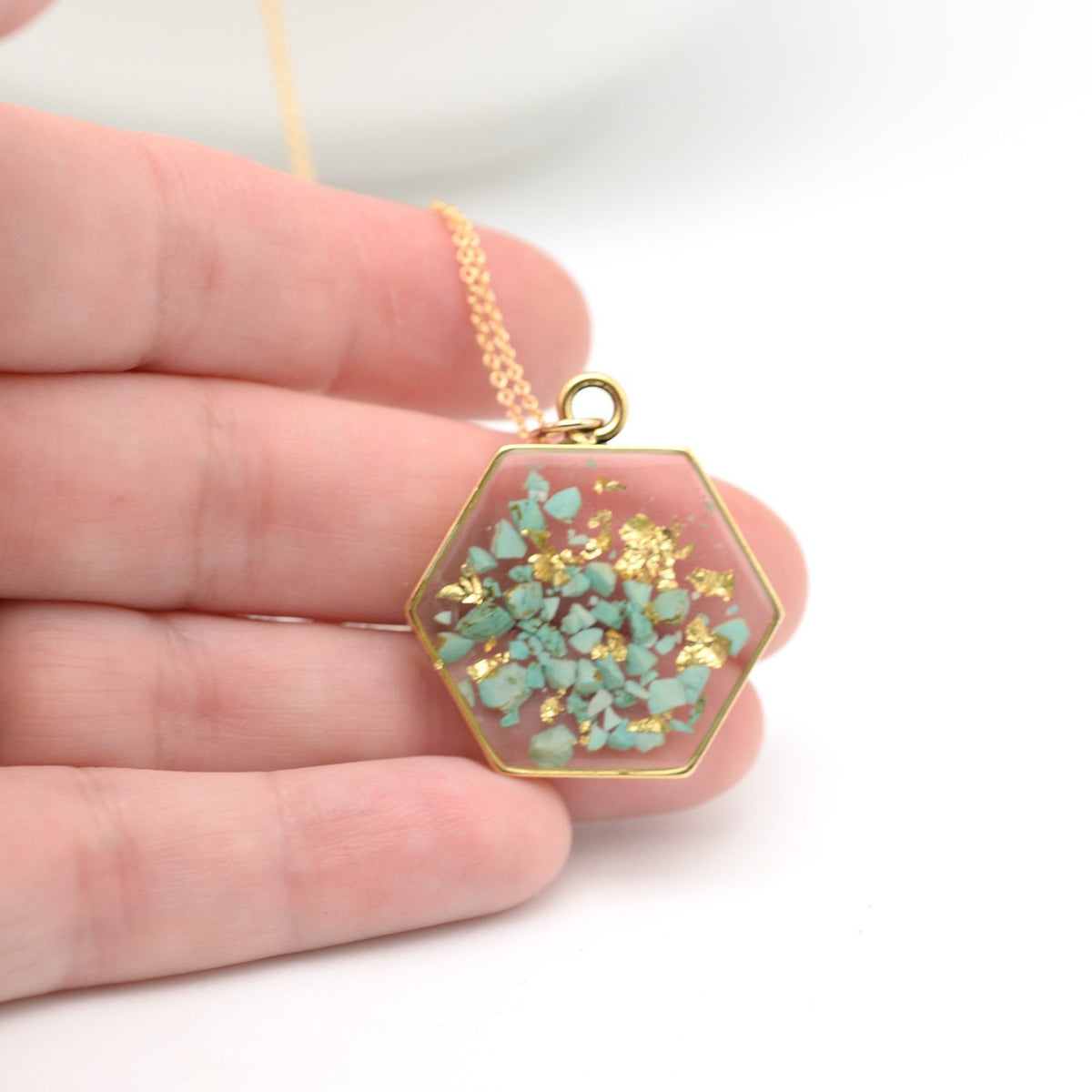 Hexagon Necklace with Crushed Turquoise and Gold Leaf in hand