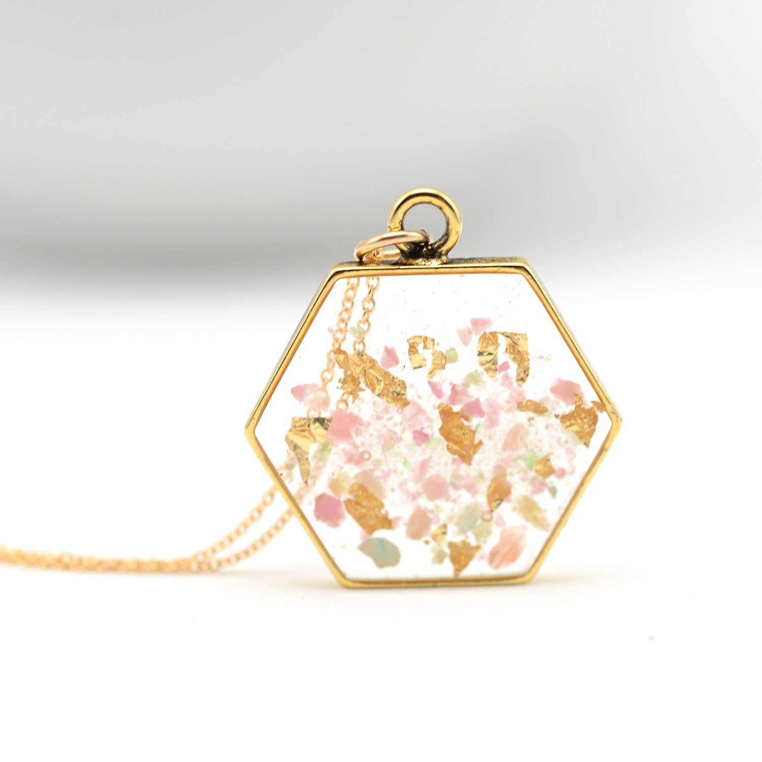 hexagon necklace pink confetti