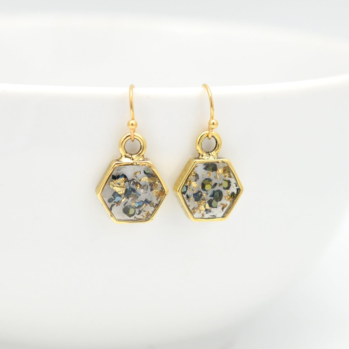 Gold abalone shell earrings hexagon