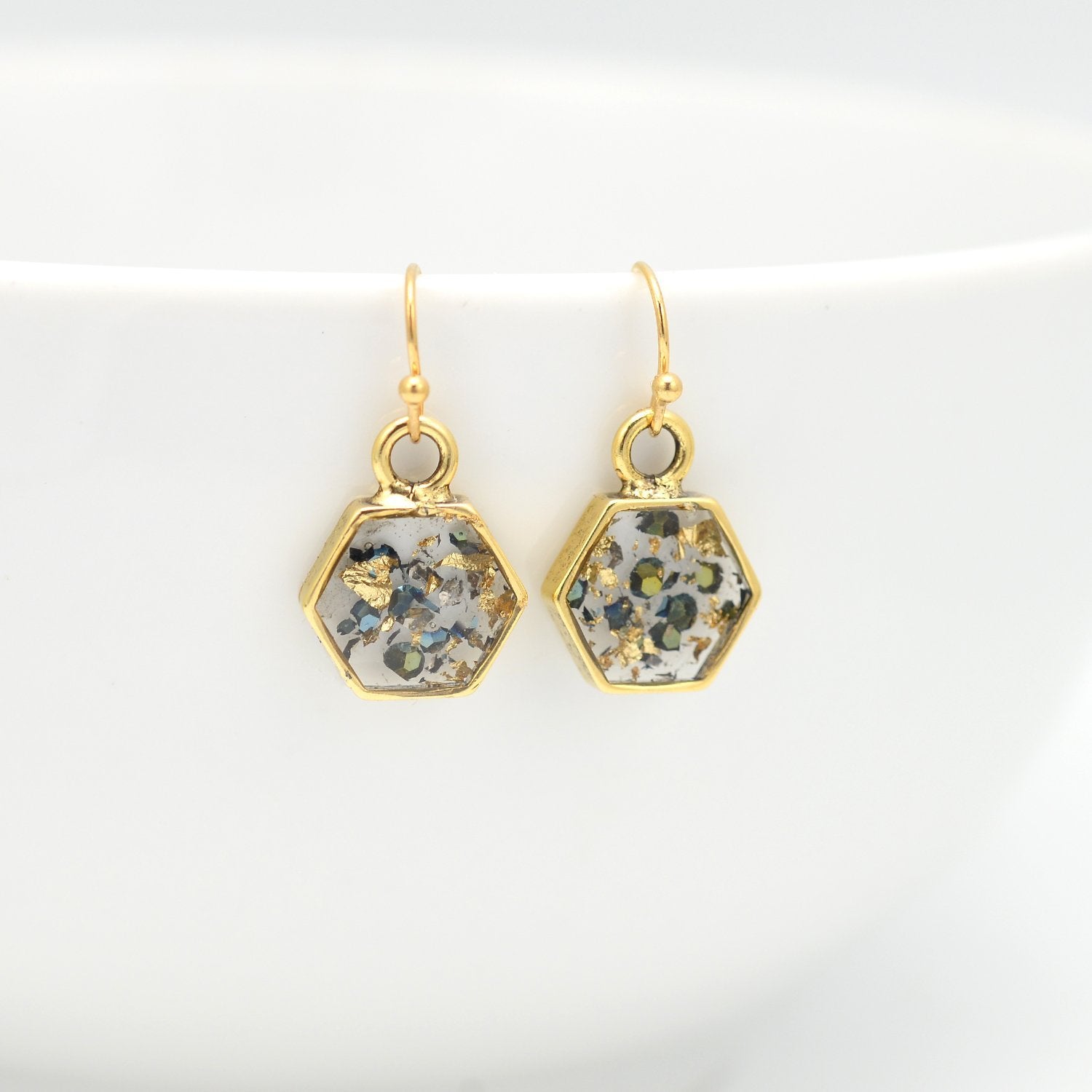 Gold abalone shell earrings hexagon