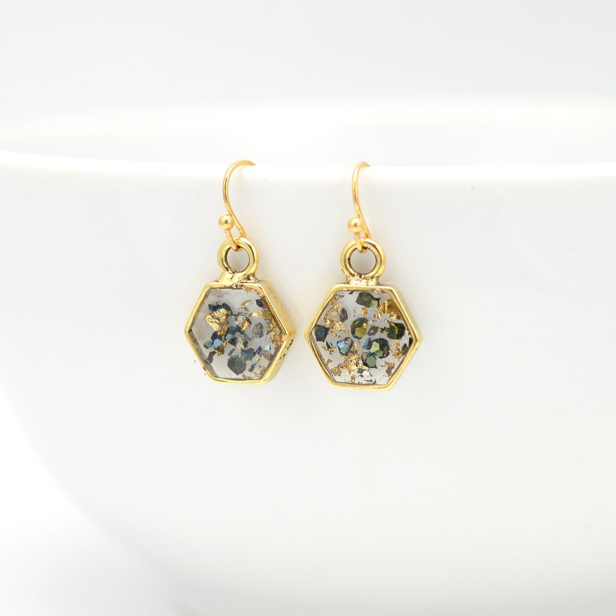 Gold abalone shell earrings hexagon